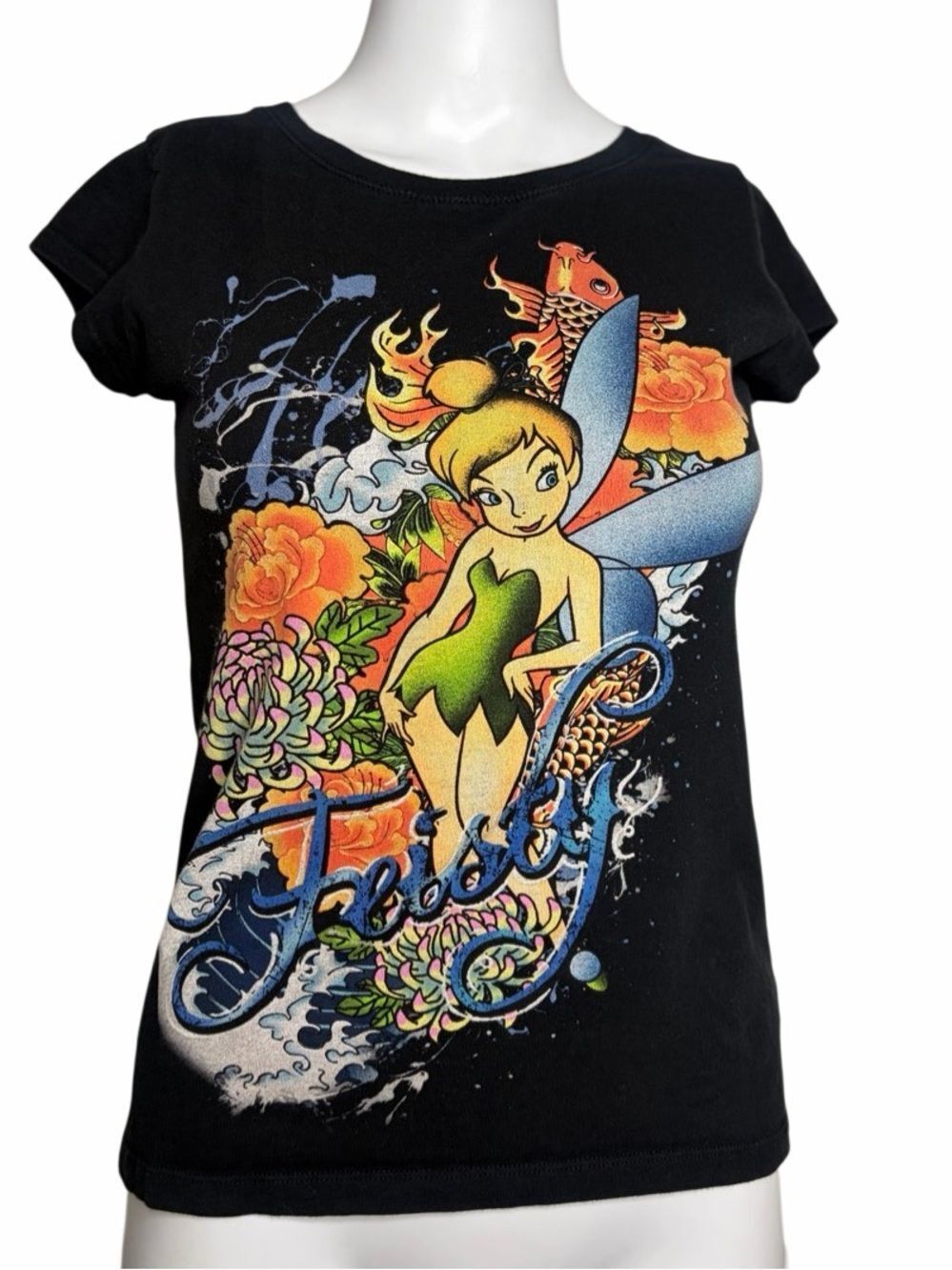 Disney Black Tinker Bell Graphic Tee with Colorful Floral Print medium